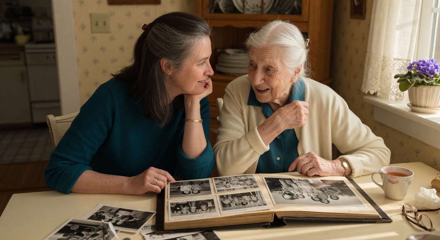 An adult daughter and her elderly mother sitting together at a sunlit kitchen table, an open family photo album between them