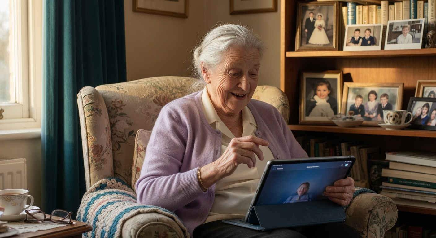 An elderly woman holding an iPad in a comfortable armchair, recording a story with the Yorebook app