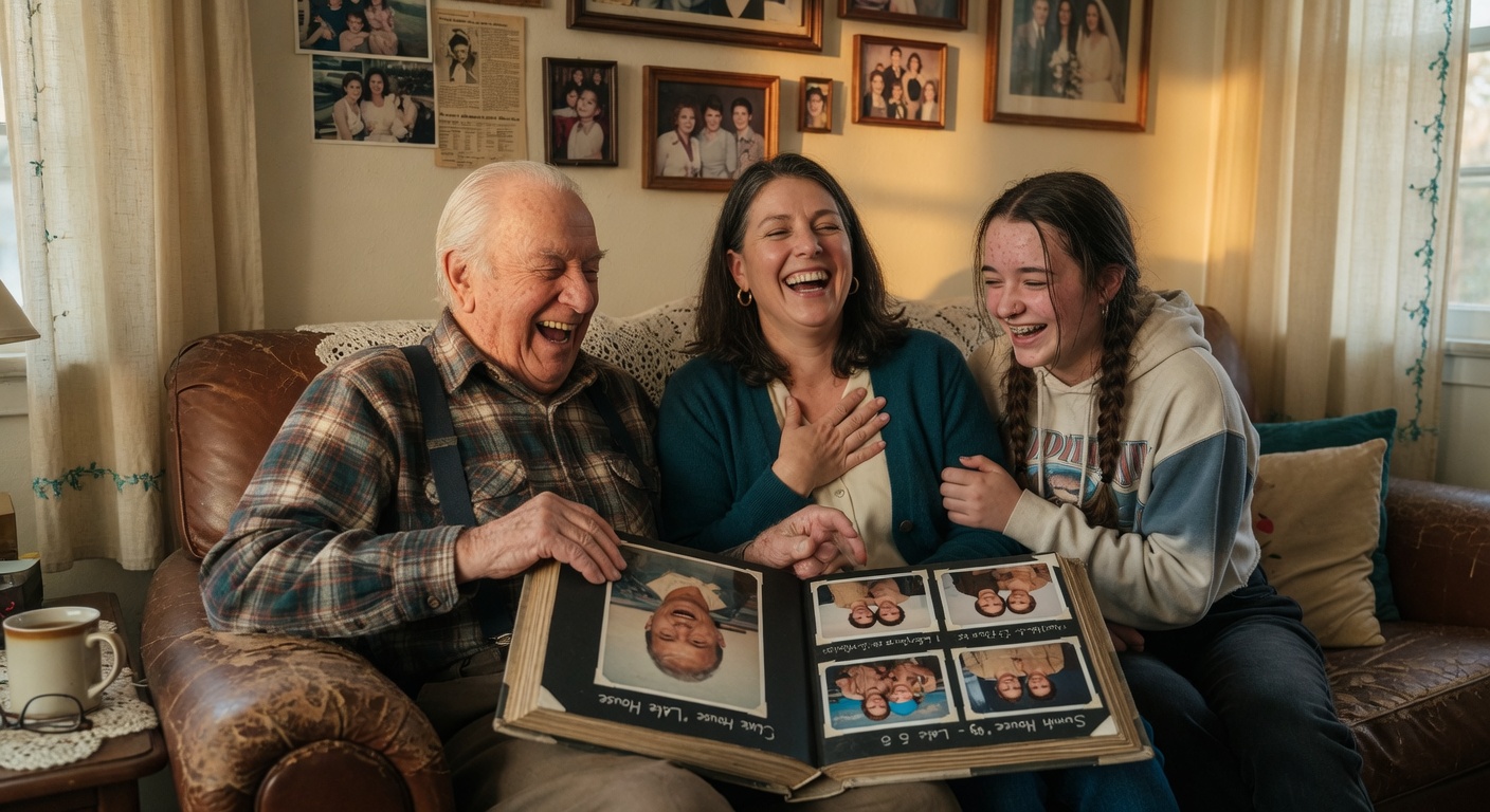 Three generations of one family laughing together on a couch, reading a printed Yorebook
