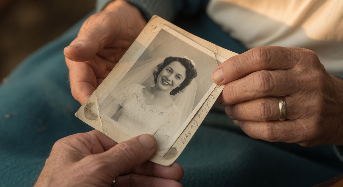 Weathered older hands gently holding a faded family photograph — the quiet act of preservation